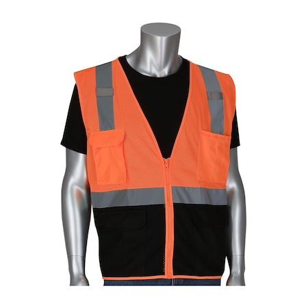Pip ANSI Type R Class 2 Five Pocket Value Mesh Vest with Black Bottom Front 302-0710B-OR/L