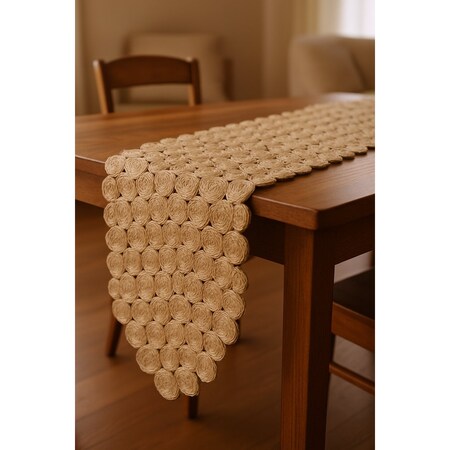 Homeroots 80" Natural Geometric Circles Scalloped Shape Jute Table Runner 534188