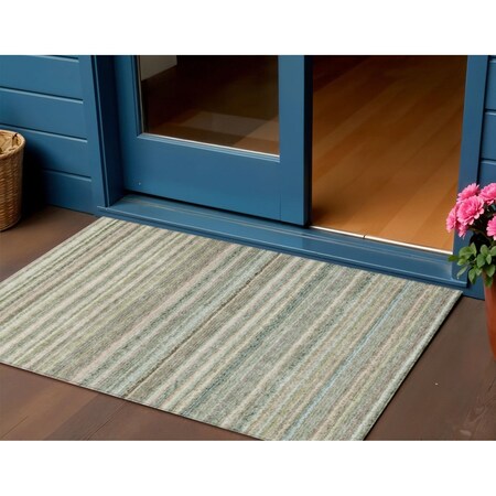 Homeroots 3' X 5' Sage Mint Green And Beige Striped Washable Indoor Outdoor Area Rug 577799