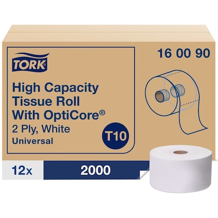 Tork Tork OptiCore Mid-size Toilet Paper Roll White T10, Universal, 2-ply, 12 x 2000 sheets, 160090, PK12 160090