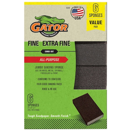 Gator Finishing 3 x 4 x 1 in Jumbo Sanding Sponge, Fine/Extra Fine Grit, 6PK 4204GA
