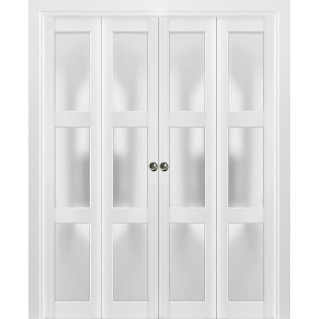 Sartodoors Sliding Closet Double Bi-fold Doors, Lucia 2552 White Silk with Frosted Glass, Sturdy Tracks Moldi LUCIA2552DBF-BEM-96 x 84 (4* 24x84)