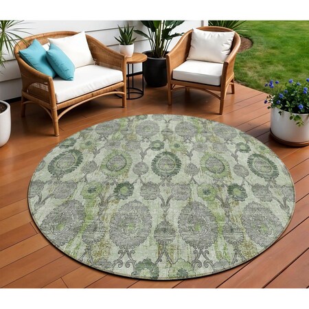 Homeroots 8' Artichoke Green And Fern Green Round Damask Washable Indoor Outdoor Area Rug 588168