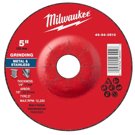 Milwaukee Tool Grinding Wheel, 5" dia. 49-94-0513
