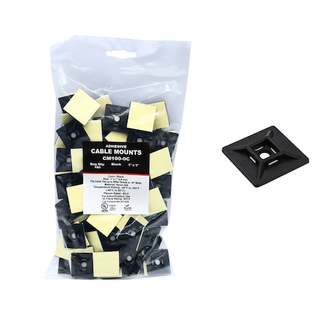 Cable Ties Unlimited Adhesive Cable Tie Mounts, 1 in Sq, Nylon 6/6, .2 in Slot Wd, UV Resistant, Black, 100PK CM100-0C