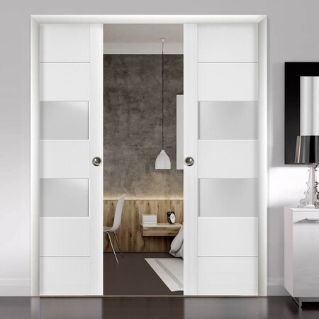 Sartodoors Sliding French Double Pocket Doors 2 lites, Lucia 4010 White Silk with Frosted Glass, Kit Trims Rai LUCIA4010DP-WS-36