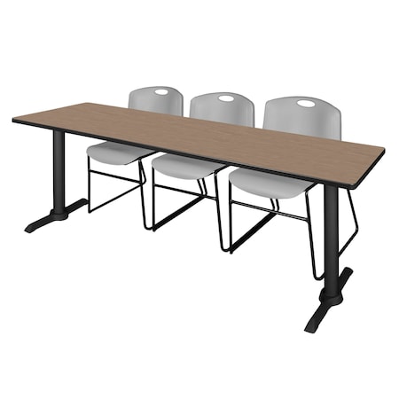 Regency Cain T-Base Training Seminar Table W/ 3 Zeng Stack Chairs, 84 in W, 24 in L, Noble Oak MTRCT8424NO44GY