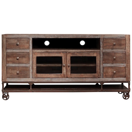 Homeroots 76" Brown Solid Wood Cabinet Enclosed Storage Distressed TV Stand 528716