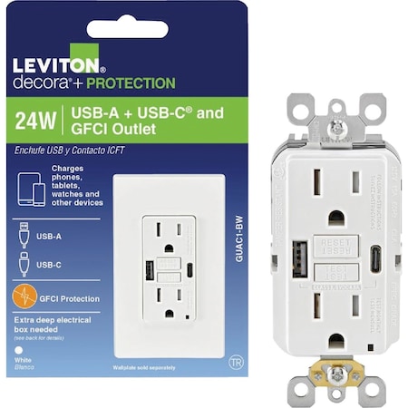 Leviton SmartlockPro White 2-Port USB Charging Outlet W/ 5-15R Self-Test GFCI In-Wall Charger Duplex Outlet R02-GUAC1-0BW