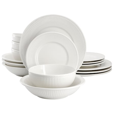 Elama Kate 16 Piece Textured Trim Double Bowl Porcelain Dinnerware Set in White ELM-KATE16