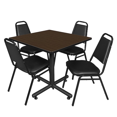 Regency Square Kobe Breakroom Table W/ 4 Restaurant Stack Chairs, 42 in W, 42 in L, Neo Walnut TKB4242NW29BK