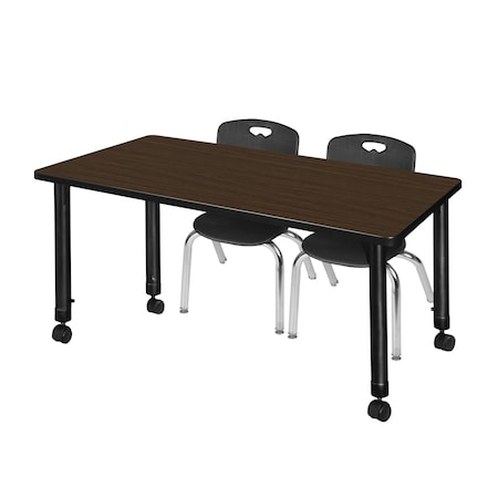 Regency Kee Mobile Adjustable Classroom Table W/ 2 Andy Stack Chairs, 48 in W, 30 in L, Neo Walnut MT4830NWAPCBK45BK