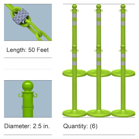 Mr. Chain Safety Green Reflective Medium Duty Stanchions and Reflective Chain 72177-6