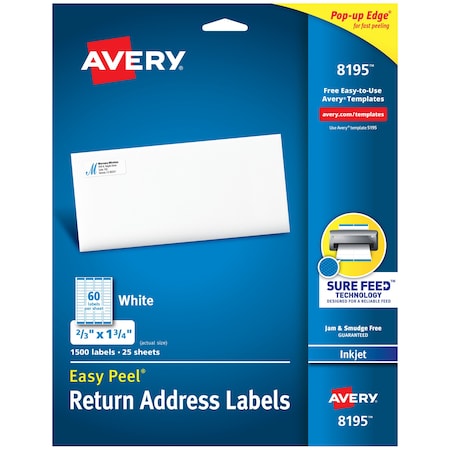 Avery Inkjet Label, 1 3/4 in Label W, 2/3 in Label H, 60 Labels per Sheet White 727828195