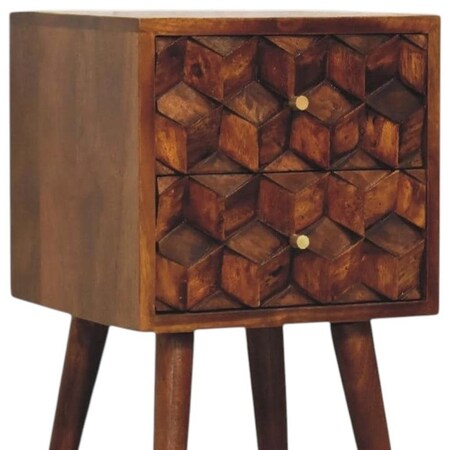Homeroots 24" Chestnut Solid Wood Carved Geometric Two Drawer Nightstand 722544