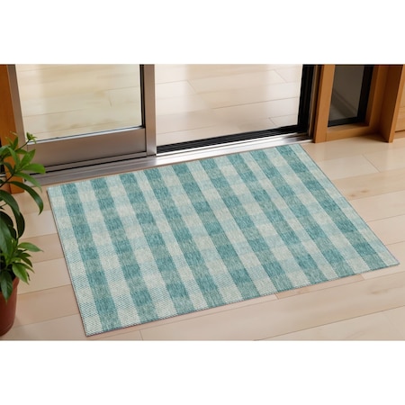 Homeroots 3' X 5' Teal Blue And Ivory Plaid Washable Indoor Outdoor Area Rug 595511