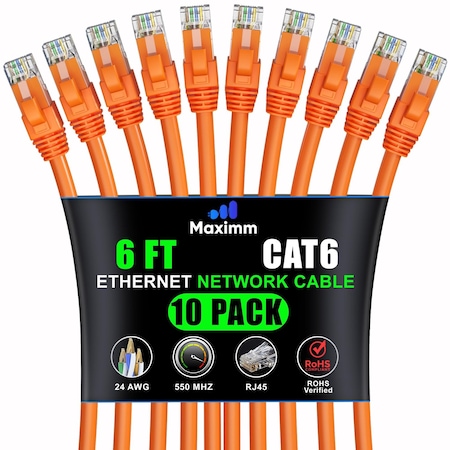 Maximm Cat6 Ethernet Cable 6ft 10Gbps 550MHz UTP, 10PK, Orange, 10PK CAT6CCA-6OR10PK