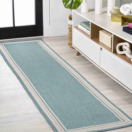 Jonathan Y James Modern Border Stripe Aqua/Beige 2 ft. x 8 ft. Indoor/Outdoor Runner Rug SMB201B-28