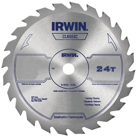 Irwin 15070 Circular Saw Blade, 10 in Dia, 58 in Arbor, 24Teeth, Carbide Cutting Edge 15070G