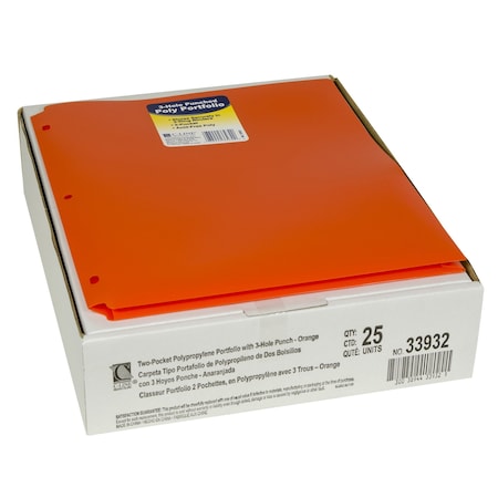 C-Line Products Two-Pocket Heavyweight Poly Portfolio Folder with Three-Hole Punch, Orange, 25PK 33932