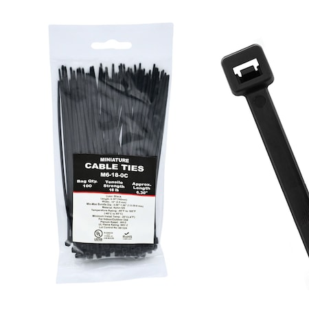 Cable Ties Unlimited Cable Tie, 6 in L, 18 lb Strength, 1.4 in Max Bundle Dia, Nylon 6/6, UV Resistant, Black, 100PK M6-18-0C