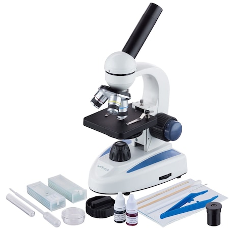 Amscope M158 Student Cordless Monocular Compound Microscope 40X-1000X w/Top & Bottom Lights and Slide Prepa M158C-SP14