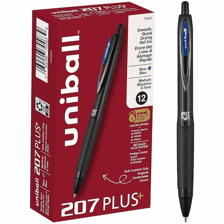 Uniball TM 207 Plus+ Gel Pen, 0.7 mm Medium Conical Pen Point, Refillable, Retractable, Blue, 12PK 70463