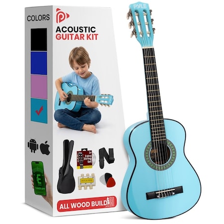 Pyle 30-Inch Beginner Acoustic Guitar Kit, 6-String Classical Style Travel Guitar for Kids & Adults PGAKT30LBL