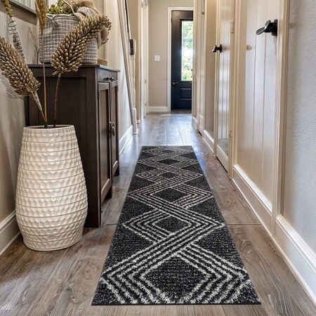 World Rug Gallery Abstract Geometric Pattern Shag Runner Rug 2 ft 3 in x 12 ft Anthracite WR127ANTHRACITE2X12