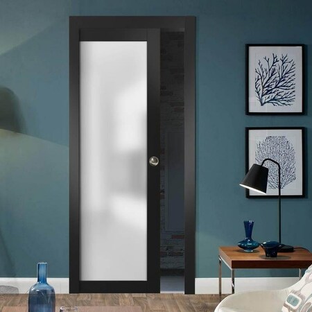 Sartodoors Sliding Pocket Door with Frosted Tempered Glass Planum 2102 Black Solid Core Modern Interior PLANUM2102PD-BLK-18