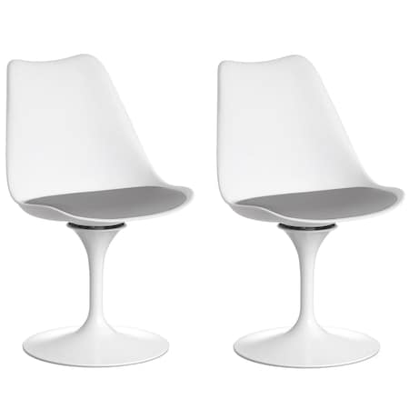 Fabulaxe Mid-Century Modern White Tulip Side Chair with Grey Cushioned Seat - Stylish and QI004628.GY.2