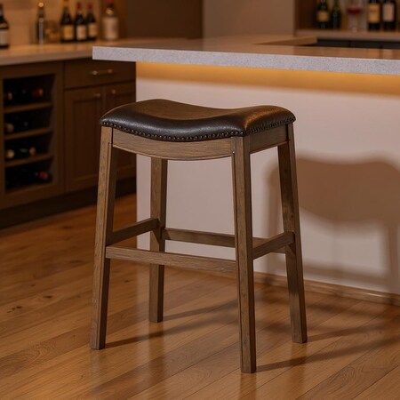 Homeroots 31" Brown Faux Leather and Solid Wood Backless Bar Height Bar Chair 632369