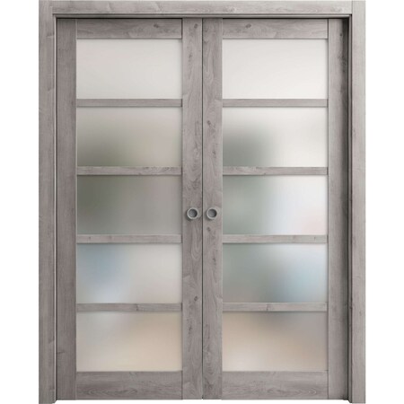 Sartodoors Sliding French Double Pocket Doors Frosted Glass Grey 56x80 (2* 28x80) Solid Core Modern Interior QUADRO4002DP-NEB-56