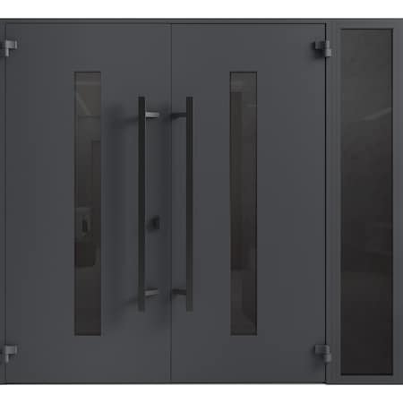Vdomdoors Front Exterior Prehung Aluminum Double Doors Ronex0130 Grey 1 Sidelight Mirrored Clear Glass Entry RONEX0130DEXD-GRE-W72+16xH80-RH-I