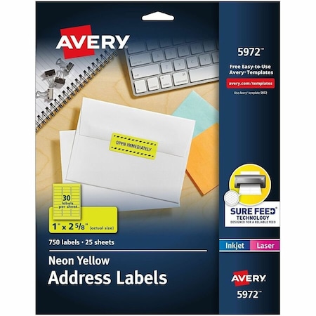 Avery Dennison Laser Labels, 1x2-5/8, Yellow, PK750 5972