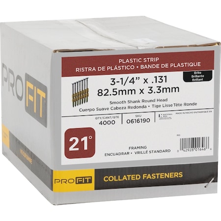 Pro-Fit 3-1/4'' x 0.131'' 21Deg Plastic Strip Round Head Smooth Shank Brite Framing Stick Nails, 4000 Ct. 616190
