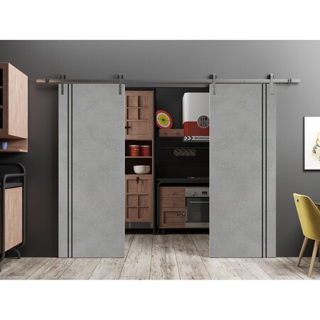 Sartodoors Sliding Double Barn Doors with Hardware, Planum 0016 Concrete and Aluminum Strips, 13FT Rail Hanger PLANUM0016DB-S-BTN-72