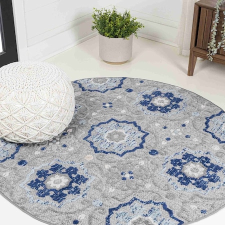 Jonathan Y Mediterranean Medallion Blue/Gray 5 ft Round Indoor/Outdoor Area Rug AMC101A-5R