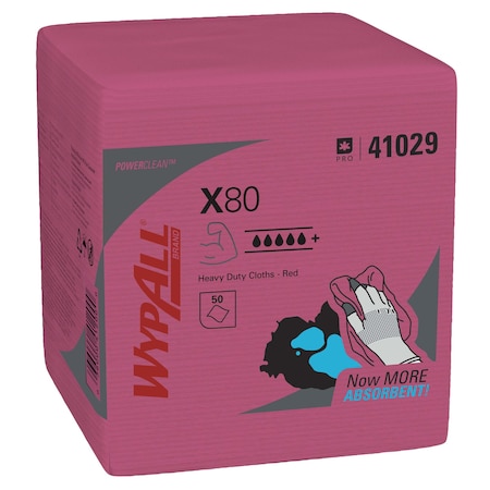 Wypall WypAll Power Clean X80 Heavy Duty Cloths (41029), Extended Use Quarter-fold, Red, 50 Sheets /Pack 41029