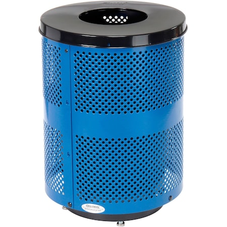 Global Industrial Outdoor Perforated Steel Trash Can With Flat Lid and Base, 36 Gallon, Blue 261925BLD