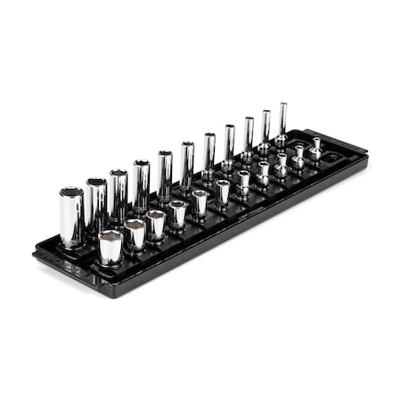 Tekton 1/4 Inch Drive 6-Point Socket Set with Rails and Tray, 22-Piece 5/32-9/16 in. SHD90210