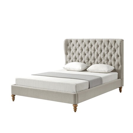 Homeroots Beige Solid Wood King Tufted Upholstered Linen Bed 544872