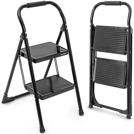 Serenelife 2-Step Ladder, Folding Step Stool for Adults, Wide Anti-Slip Pedal and Handrail, Sturdy Steel Build SLSTL2WH