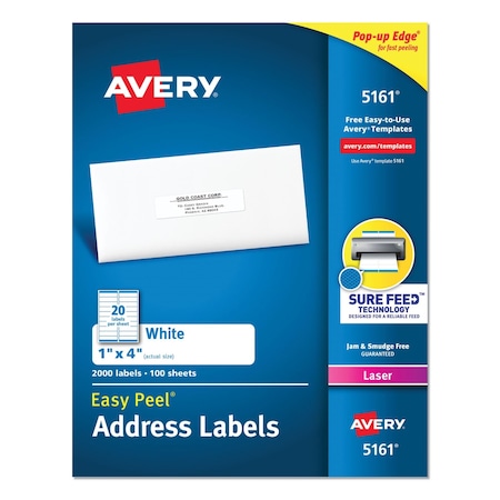 Avery Easy Peel White Address Label w/Sure Feed, Laser Printers, 1x4, PK2000 05161