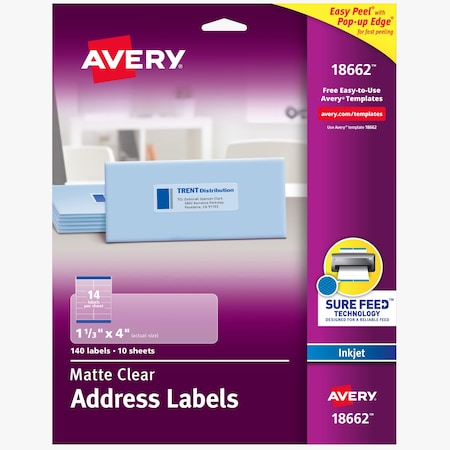 Avery Matte Clear Address Labels, Sure, PK140 18662