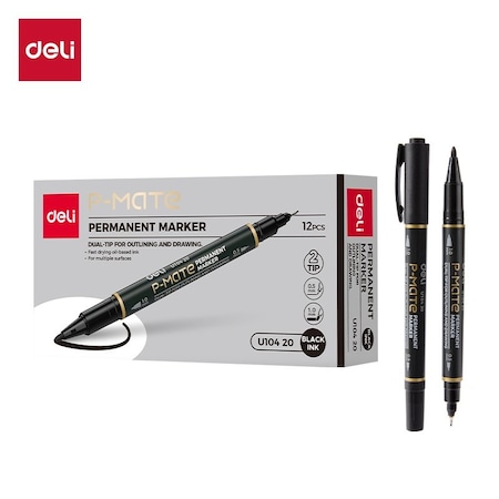 Deli MATE Permanent Marker, Dual Tip (Bullet/Needle), Black, 12PK EU10420