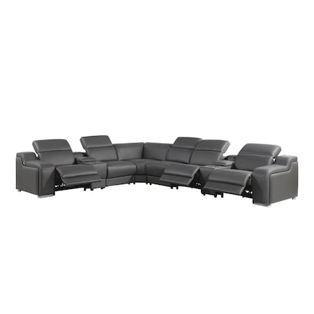 Homeroots Gray Italian Leather Power Reclining Curved Eight Piece Corner Sectional With Console 544985