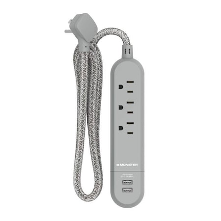 Monster 4 ft. L 3 outlets Power Strip with USB Ports Gray 1712