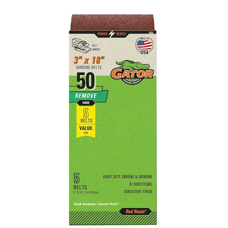 Gator Finishing Red Resin 3 x 18 in. Sanding Belt, 50 Grit, Coarse, 5PK 7034GA