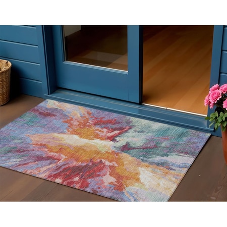 Homeroots 3' X 5' Orange Red And Teal Blue Abstract Washable Indoor Outdoor Area Rug 615614